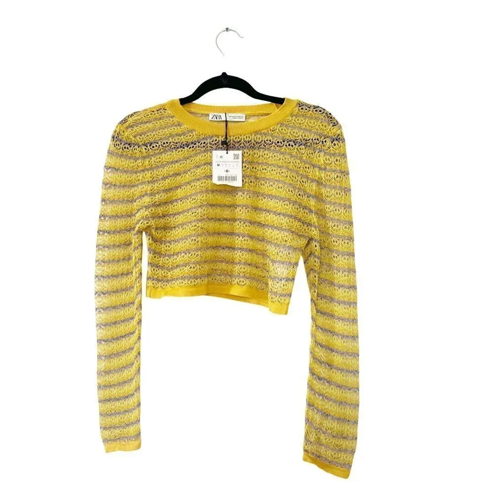 BNWT Zara Yellow Pointelle Knit Crop Sweater Medium Boho Festival Top - Picture 3 of 16